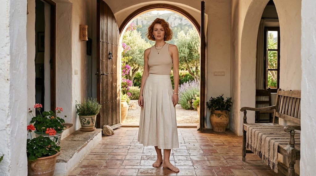 Beige Knit Tank & Cream Linen Skirt